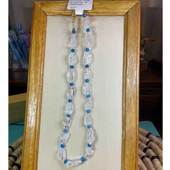 New, Crackle Clear Quartz & Blue Apetite Gemstone Necklace, Gold Tone Clasp - Picture 1 of 1